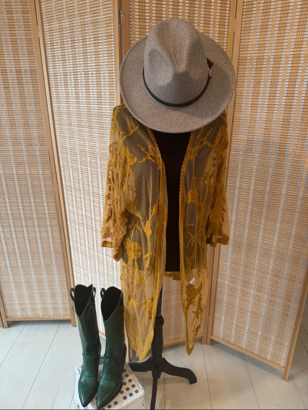 Mustard Yellow Floral Lace Kimono Cardigan - Women Sweaters Cardigans L/Xl